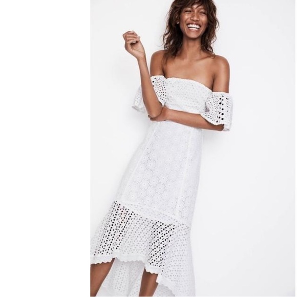 FARM RIO Anthropologie White Cotton Eyelet Off Shoulder midi dress women size XS - Picture 1 of 12
